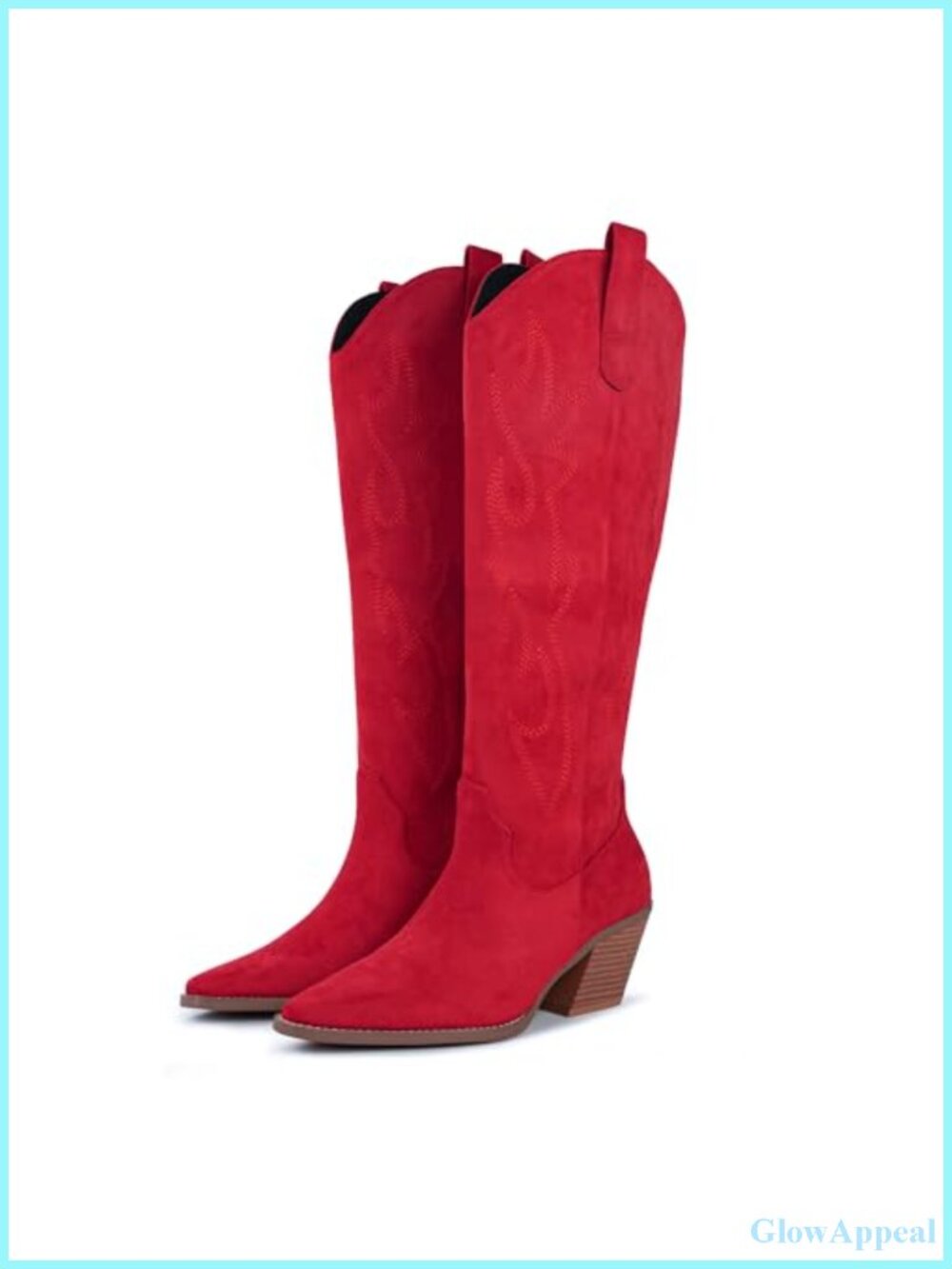 Knee High Western Cowgirl Boots Suede Faux Leather Embroidered Block Heel